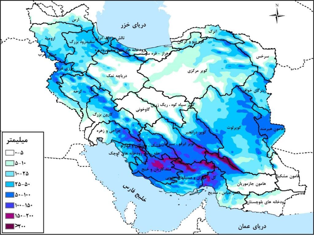 هفت حوضه آبریز درجه ۳ کشور امروز بارش بیش از ۱۰۰ میلی‌متری دارند